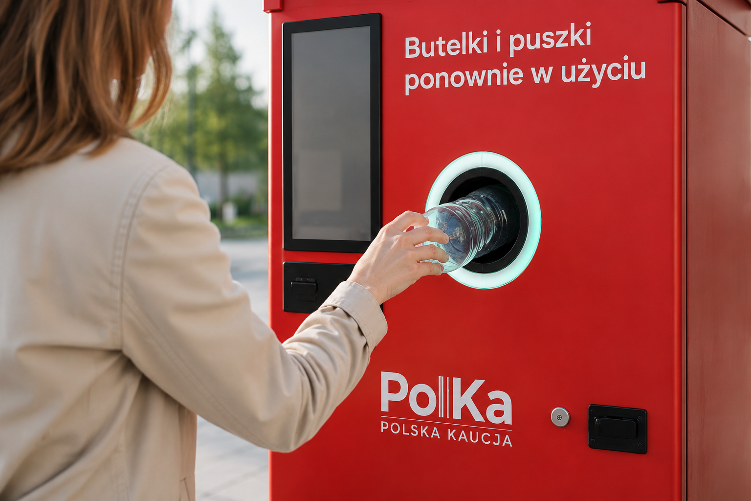 Kobieta wkłada plastikową butelkę do czerwonego zwrotomatu kaucyjnego PolKa Polska Kaucja.